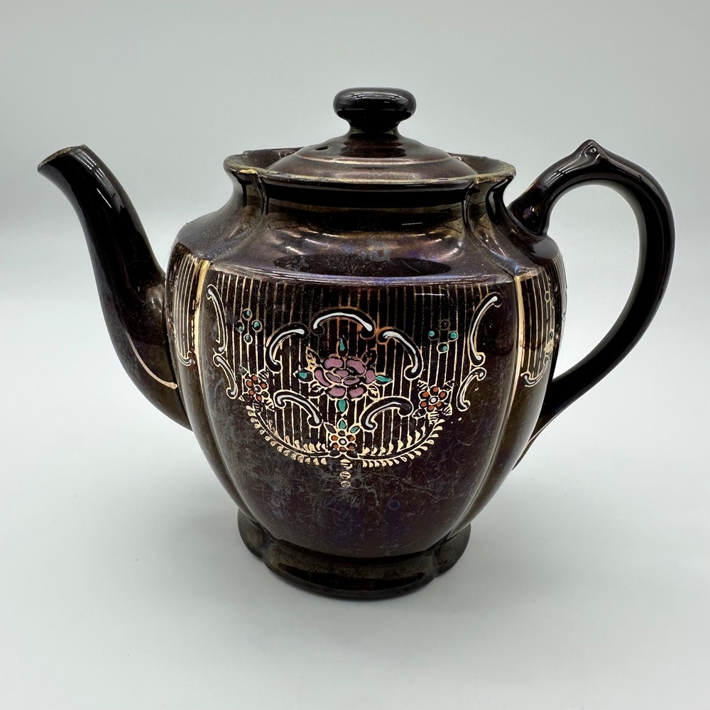 Vintage Iridescent Luster Glaze Floral Brown‎ Ceramic Teapot with Gold Filigree